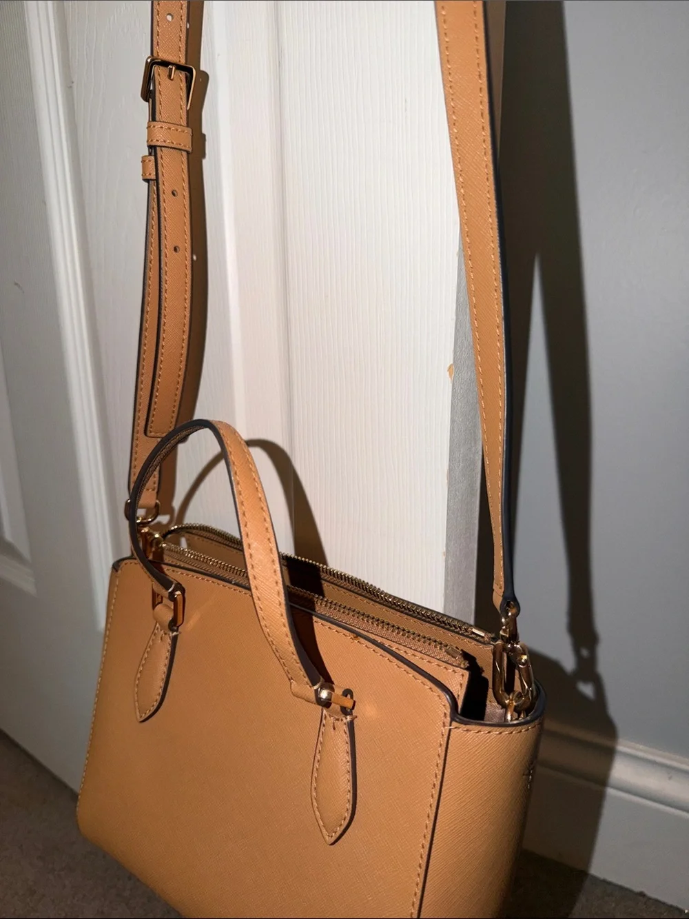 Tory Burch Mustard Pebbled Leather Mini Satchel with Gold Logo